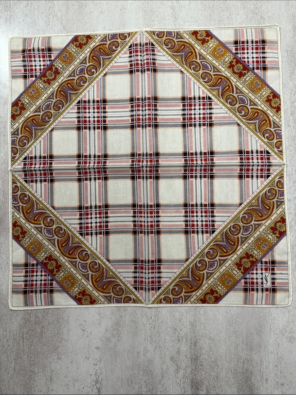 Yves Saint Laurent Plaid & Paisley Pocket Square in Cream, Black, Red, Gold